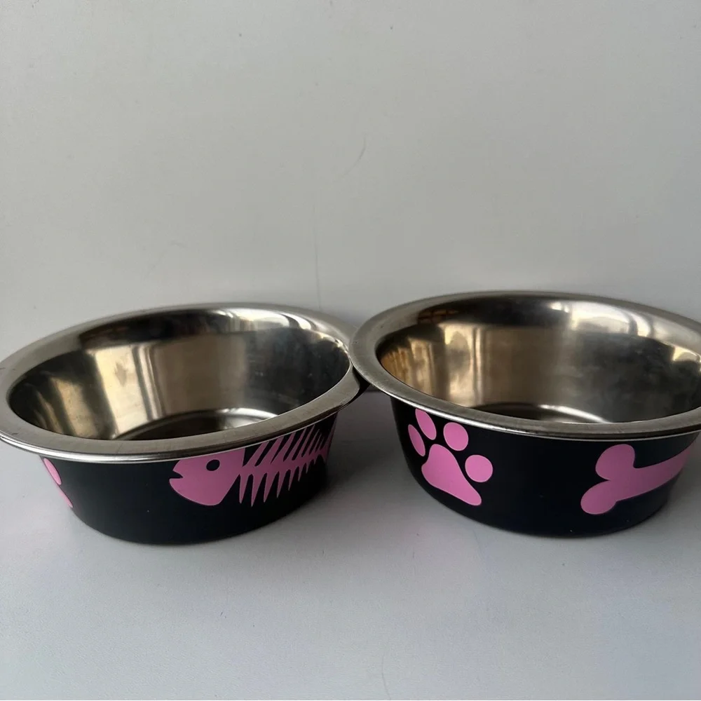 ONLY Black & Pink Dog Bowls Paw Print Bone Pet Food Water Dish OS
